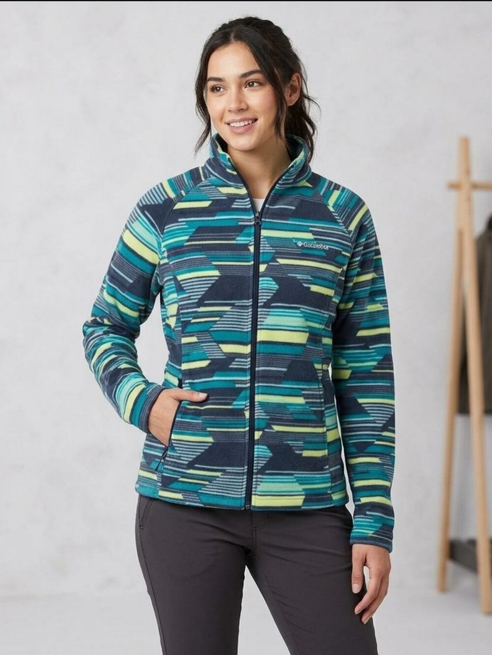 Columbia Blue and Green Patterned Fleece Jacket